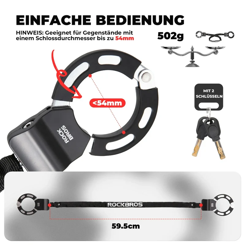 E-스쿠터 Schloss mit 59,5 cm Stahlkette, Fahrradschloss für Roller & Fahrrad