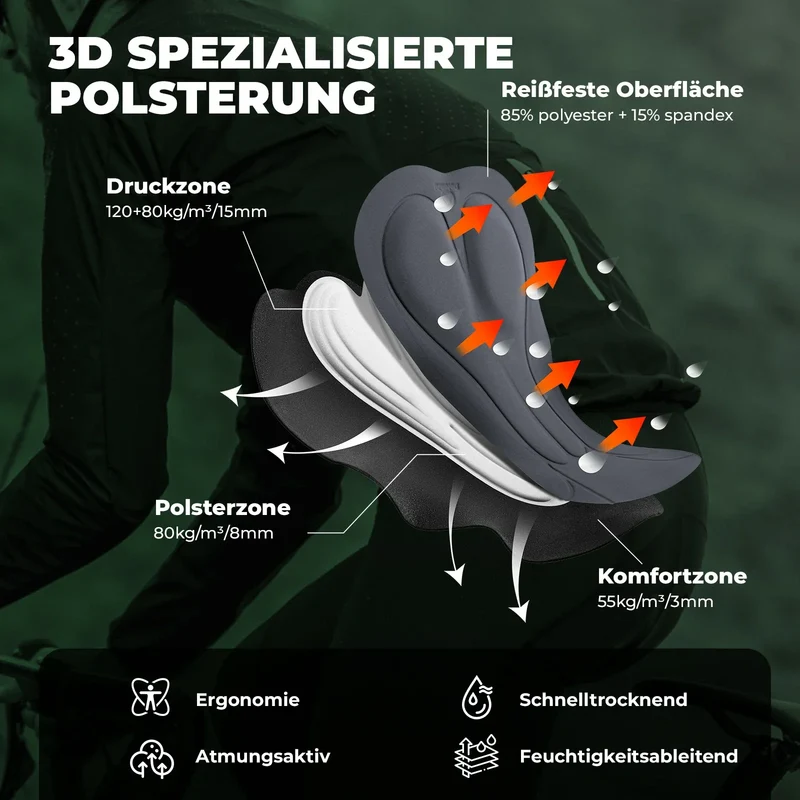 Herren Radlerhose mit Träger Gepolstert, Fahrradhose Kurz, Atmungsaktive schnelltrocknende