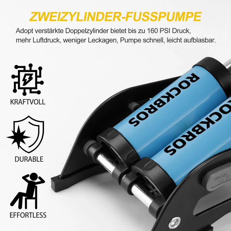 ROCKBROS Luftpumpe Fußpumpe mit Doppelzylinder Manometer