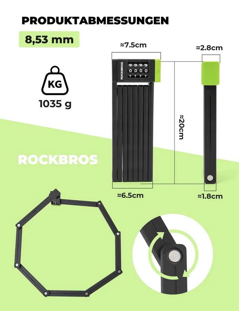 Faltschloss Fahrrad Diebstahlsicher, 8mm Extradicker Stahl, 120cm