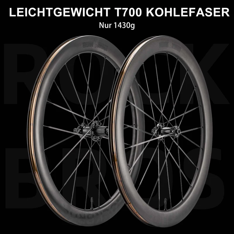 ROCKBROS T700 Carbon Laufradsatz 55mm Scheibenbremse Steckachse Laufrad Set for Rennrad Inklusive Vakuum-Reifenkissen