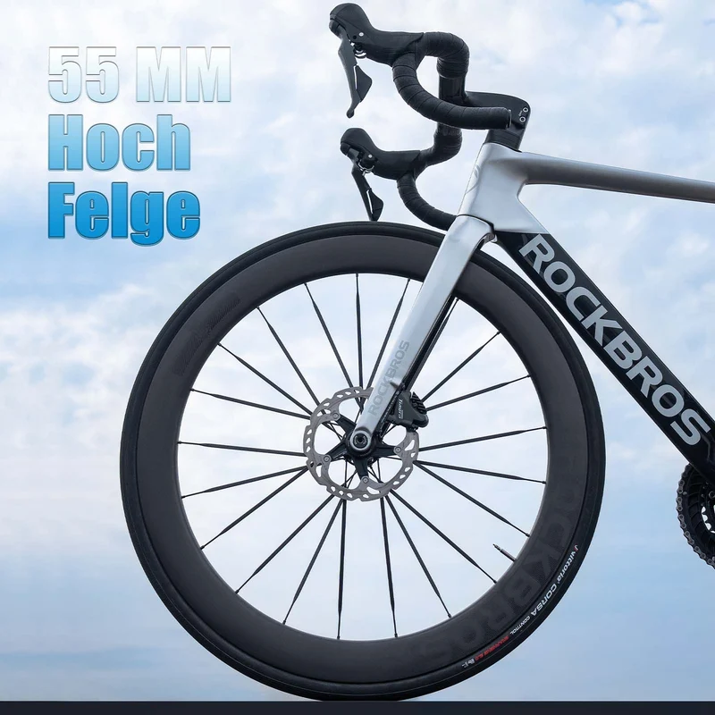 ROCKBROS T700 Carbon Laufradsatz 55mm Scheibenbremse Steckachse Laufrad Set for Rennrad Inklusive Vakuum-Reifenkissen