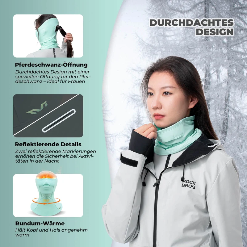 ROCKBROS TVI Damen Sturmhaube Balaclava mit Pferdeschwanz-Öffnung Warm Grün