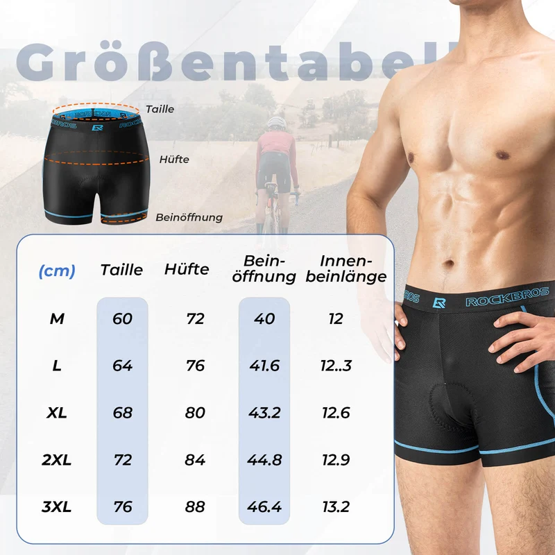 ROCKBROS Herren Radunterhose mit 4D Sitzpolster Radlerhose Atmungsaktiv
