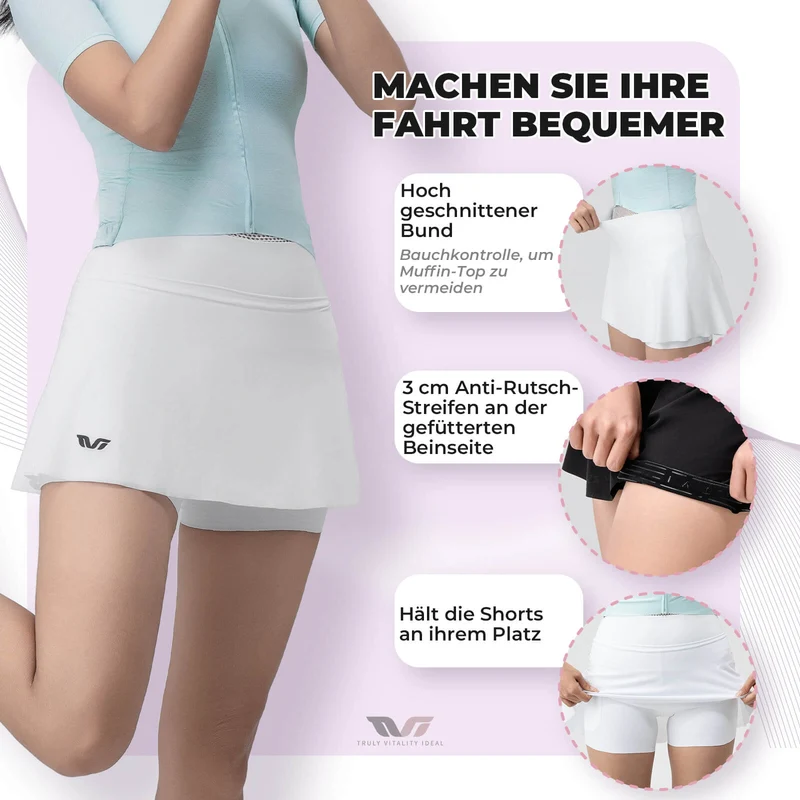 TVI Damen 2 an 1 Fahrradrock Kurze Gepolstert Radlerhose mit Tasche