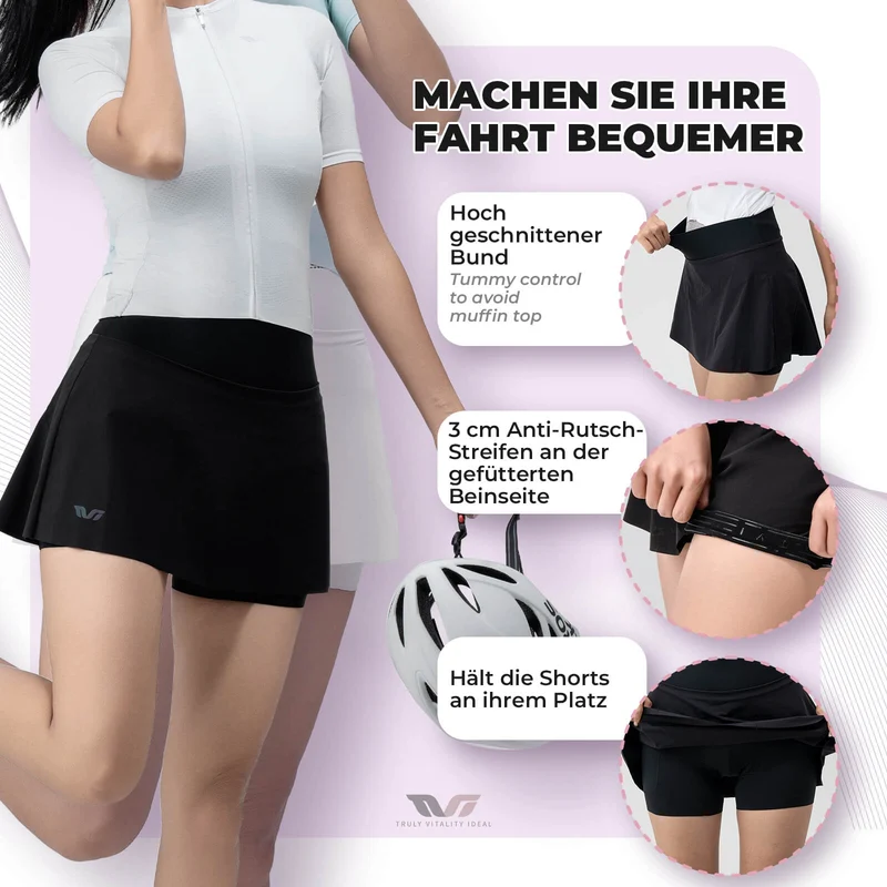 TVI Damen 2 an 1 Fahrradrock Kurze Gepolstert Radlerhose mit Tasche