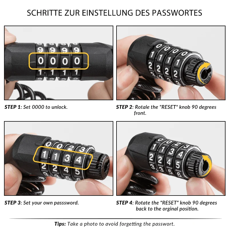 ROCKBROS Fahrradschloss Zahlenschloss Helmschloss mit 4-stellig Code max. 150 cm