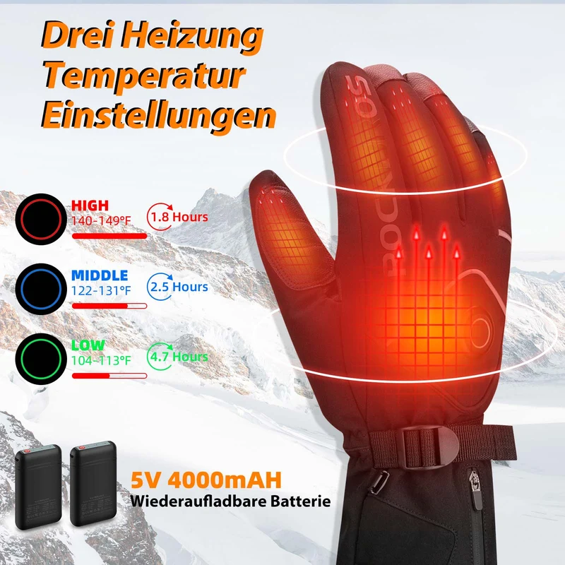 ROCKBROS Wanter Skihandschuhe Wiederaufladbare Beheizte Handschuhe Schwarz