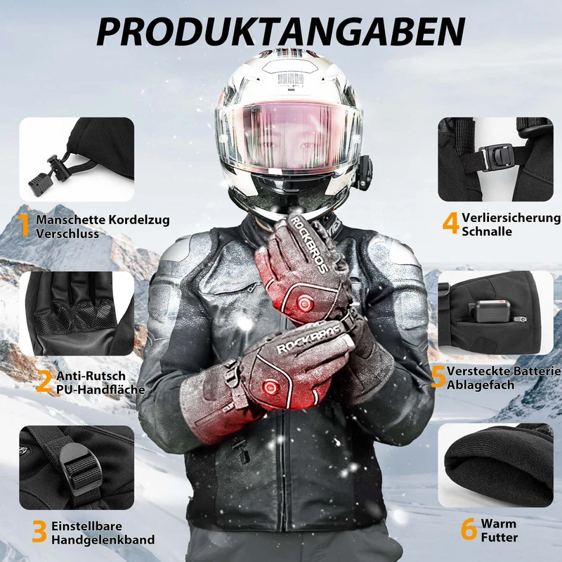 ROCKBROS Wanter Skihandschuhe Wiederaufladbare Beheizte Handschuhe Schwarz