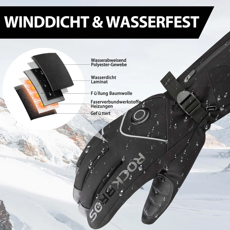 ROCKBROS Wanter Skihandschuhe Wiederaufladbare Beheizte Handschuhe Schwarz