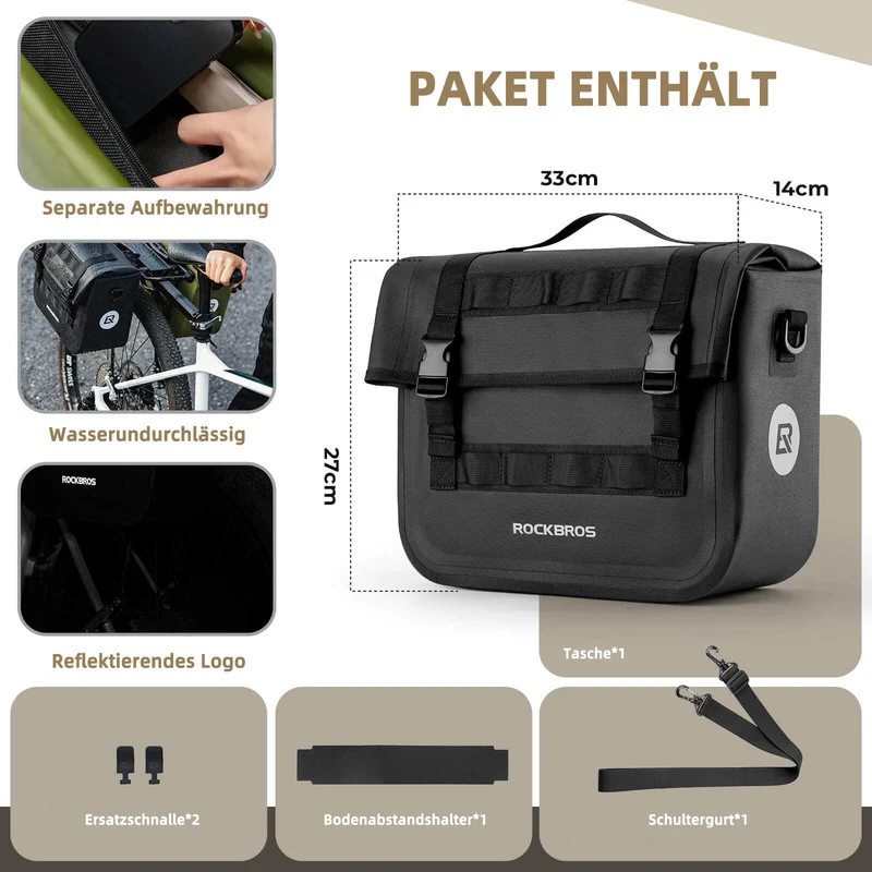 ROCKBROS Wasserdicht Fahrrad Gepäckträgertasche mit Schultergurt hinden 15L
