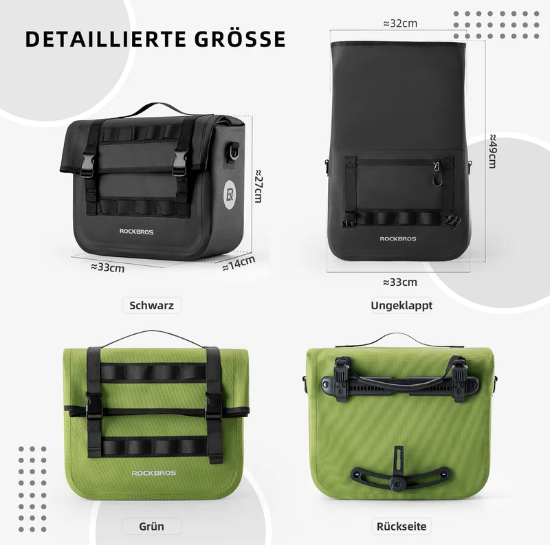 ROCKBROS Wasserdicht Fahrrad Gepäckträgertasche mit Schultergurt hinden 15L