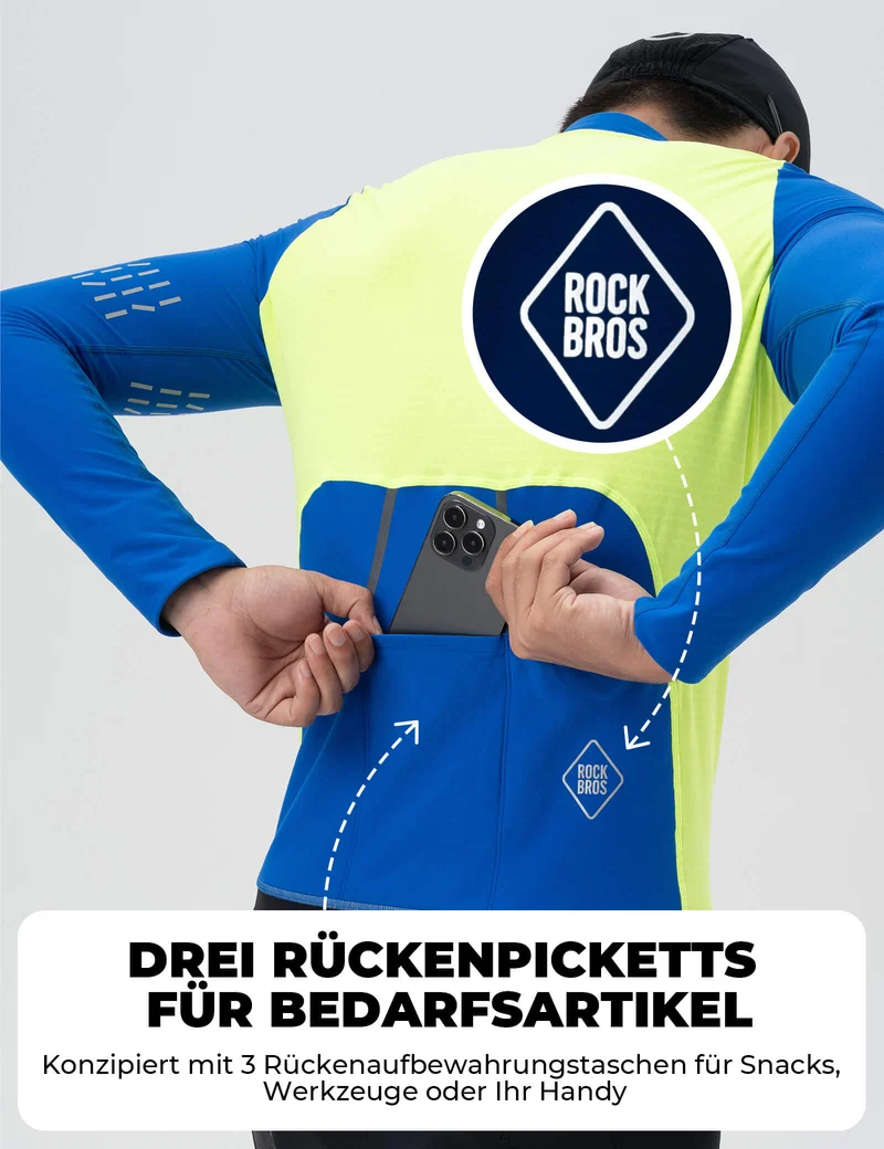 Fahrradtrikot Langarm Herren Winter Warm Fleece Radtrikot Atmungsaktiv Elastisch Mit 3 Taschen und Reflektierend