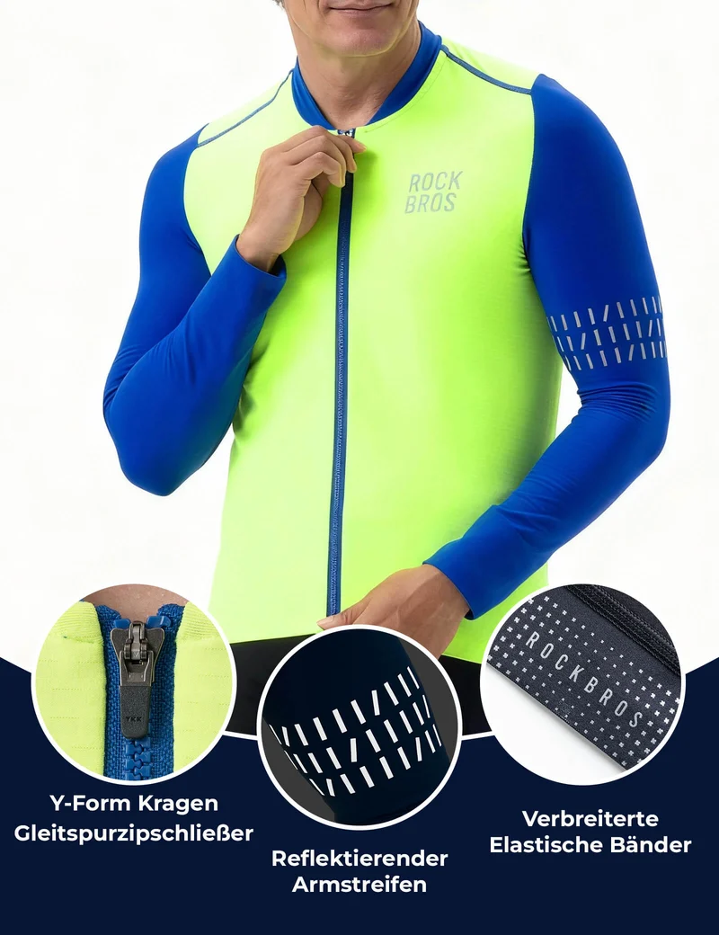 Fahrradtrikot Langarm Herren Winter Warm Fleece Radtrikot Atmungsaktiv Elastisch Mit 3 Taschen und Reflektierend