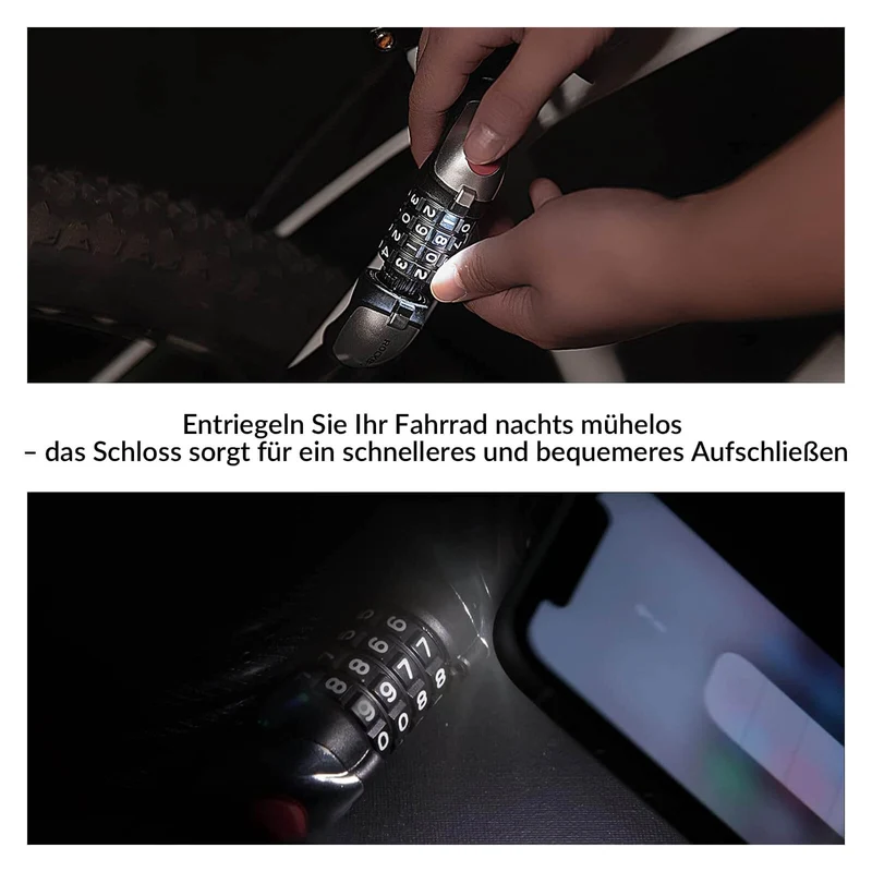 Fahrradschloss Kabelschloss 4-Stellig Zahlencode mit Licht 120cm/180cm
