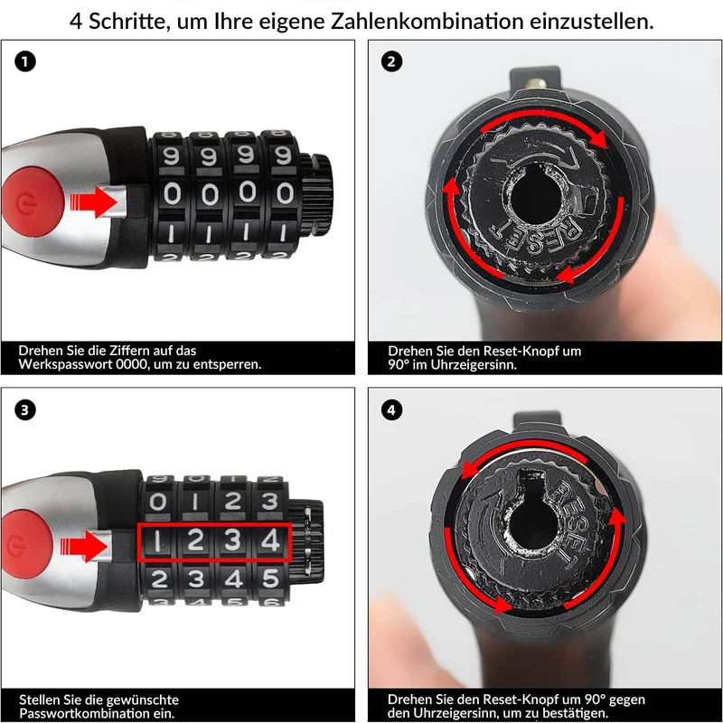 Fahrradschloss Kabelschloss 4-Stellig Zahlencode mit Licht 120cm/180cm