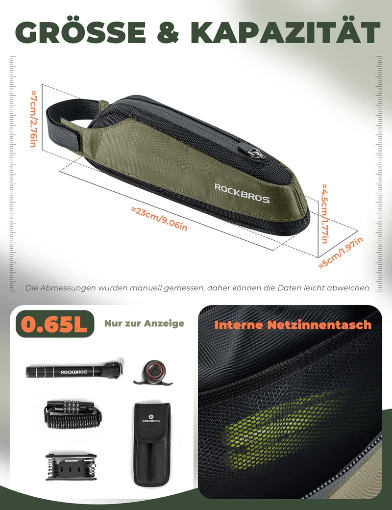 ROCKBROS Fahrradtasche Reflektierende Oberrohrtasche Dunkelgrün 0.65L
