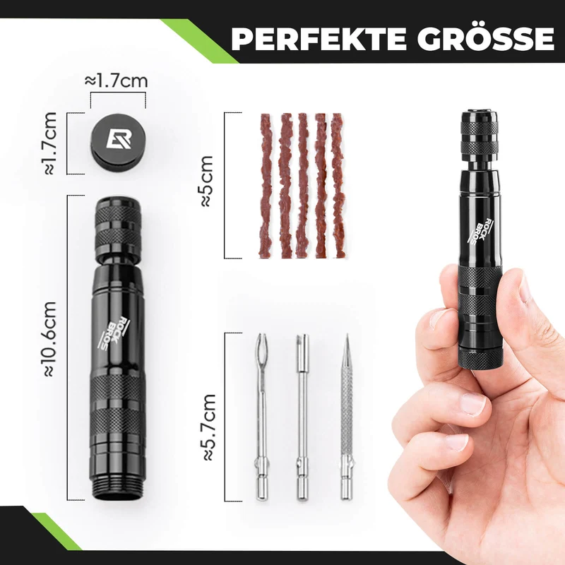 튜브리스 Reifenpannenset mit Gummistopfen, Aluminiumgehäus, Griff