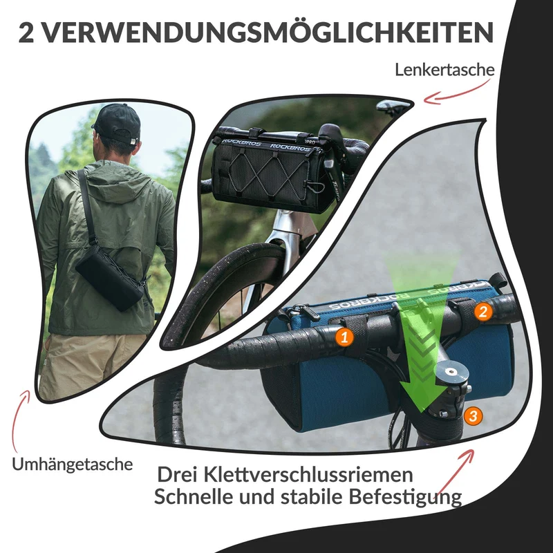 ROCKBROS Lenkertasche Multifunktionale Fahrradlenkertasche mit Schultergurt 1,5L