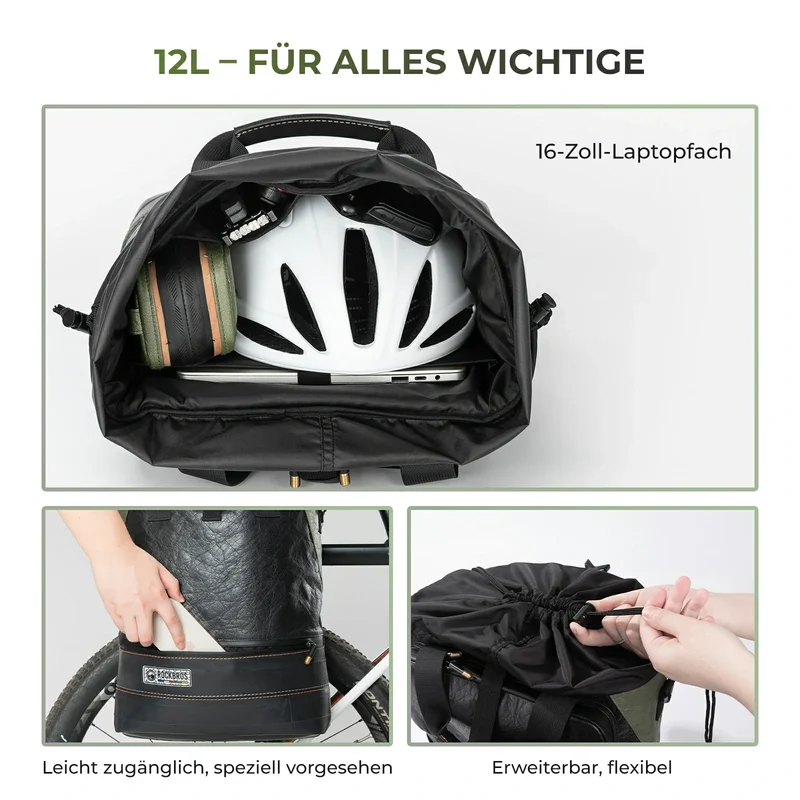 ROAD TO SKY Nachhaltige Fahrrad-Gepäckträgertasche aus recycelten Reifen 12L