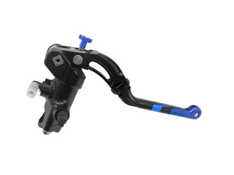 Radialer Hauptbremszylinder PRS 19 x 17-18-19 SCHWARZ eloxiertes Gehäuse Langer Klapphebel BLAU (Mutter+Einsatz) ACOSATO
