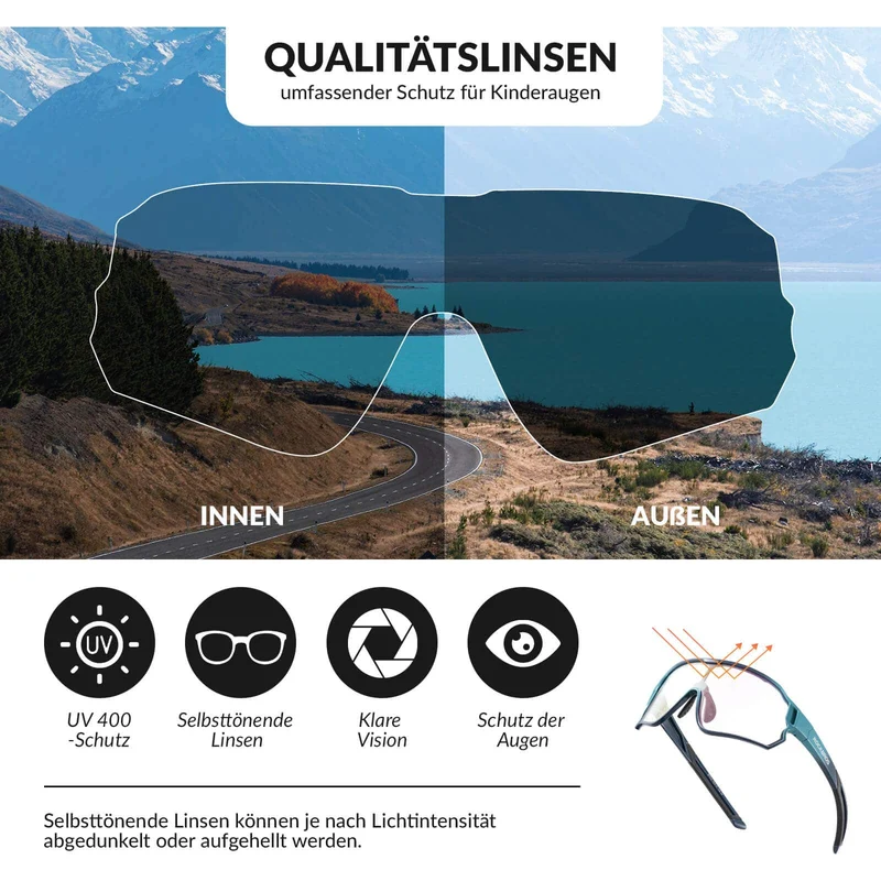 ROCKBROS Kinder Fahrradbrille UV400-Schutz Selbsttönend Sonnenbrille