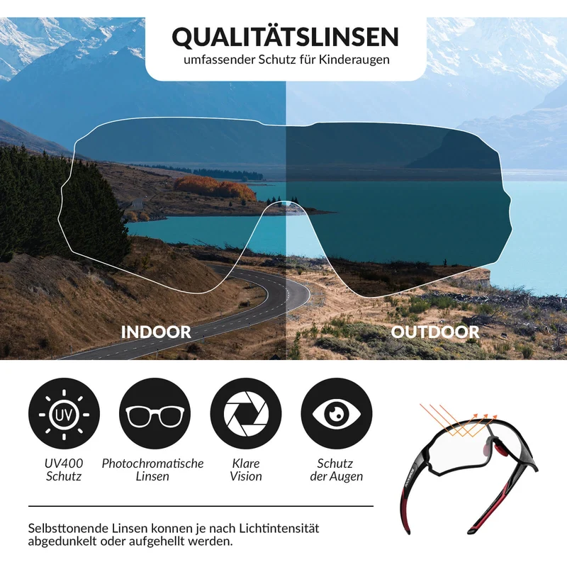 ROCKBROS Kinder Fahrradbrille UV400-Schutz Selbsttönend Sonnenbrille