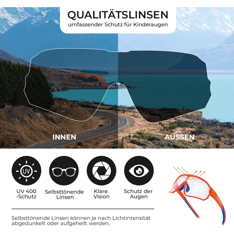 ROCKBROS Kinder Fahrradbrille UV400-Schutz Selbsttönend Sonnenbrille