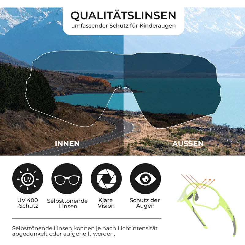 ROCKBROS Kinder Fahrradbrille UV400-Schutz Selbsttönend Sonnenbrille