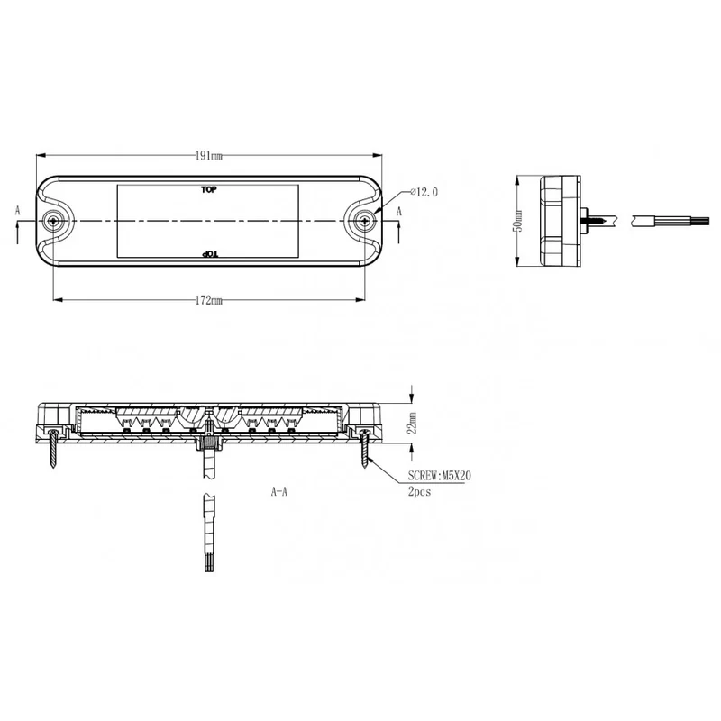 Schmale LED-Anhängerleuchte / 190 x 50 mm