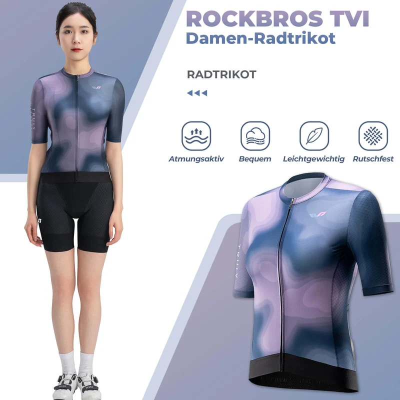 ROCKBROS TVI Damen Kurzarm-Radtrikot Sommer Schnelltrocknend mit 3 Taschen