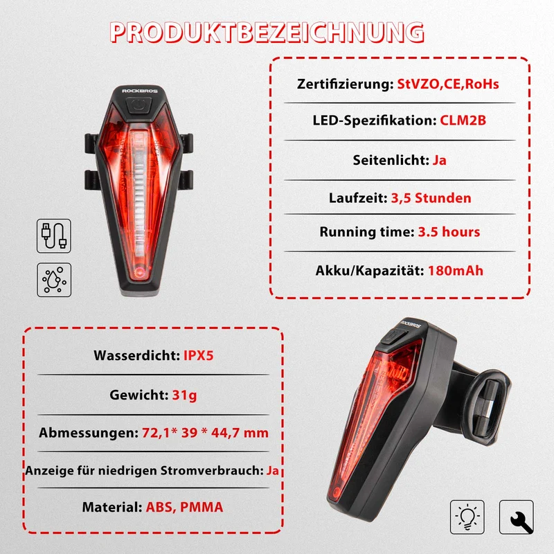 ROCKBROS LED 힌트 Fahrradlicht Aufladbarer IPX5 Wasserdicht