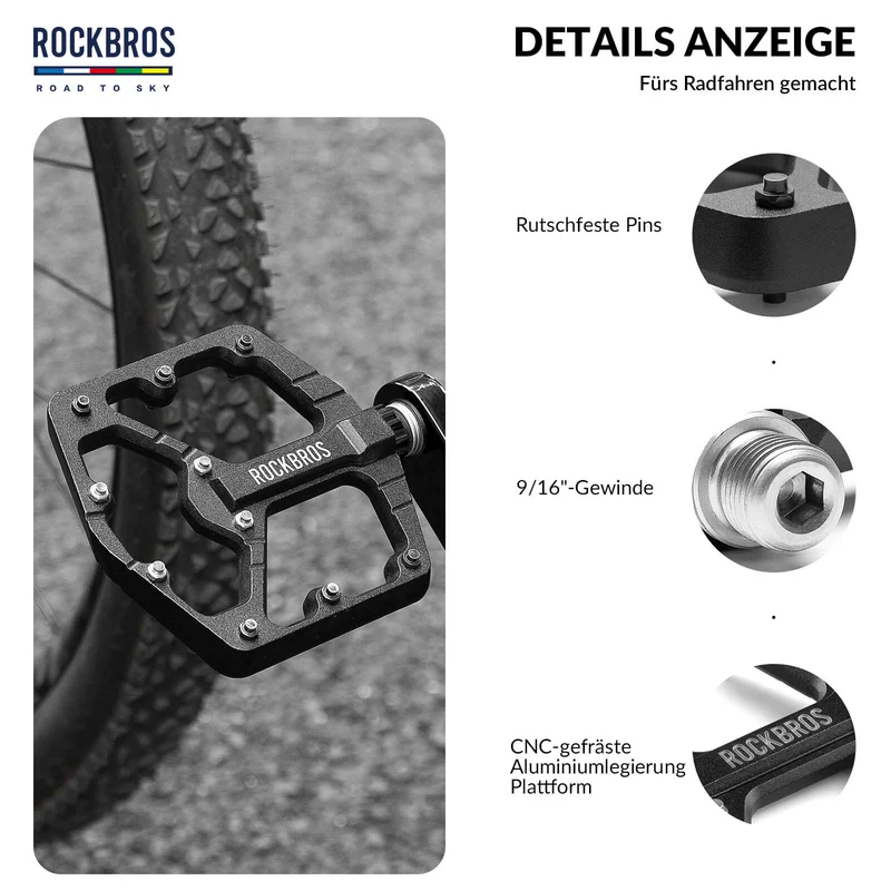 ROAD TO SKY Plattform Fahrradpedale 9/16 Zoll Rutschfest Wasserdicht