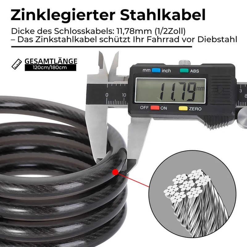 Fahrradschloss Kabelschloss 4-Stellig Zahlencode mit Licht 120cm/180cm