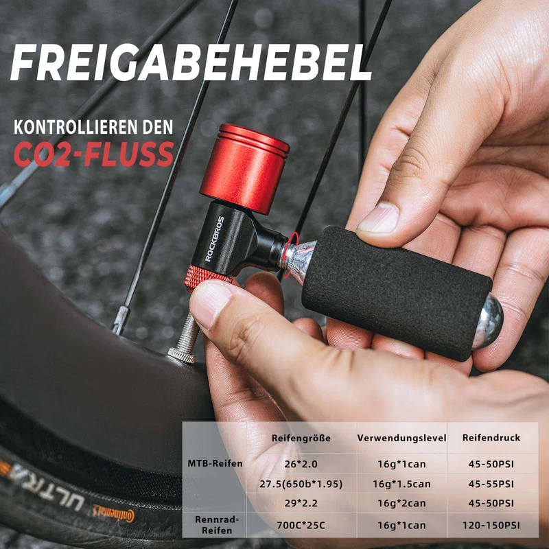 ROCKBROS Fahrradpumpe CO2 Kartuschenpumpe Minipumpe mit Druckdosierventil