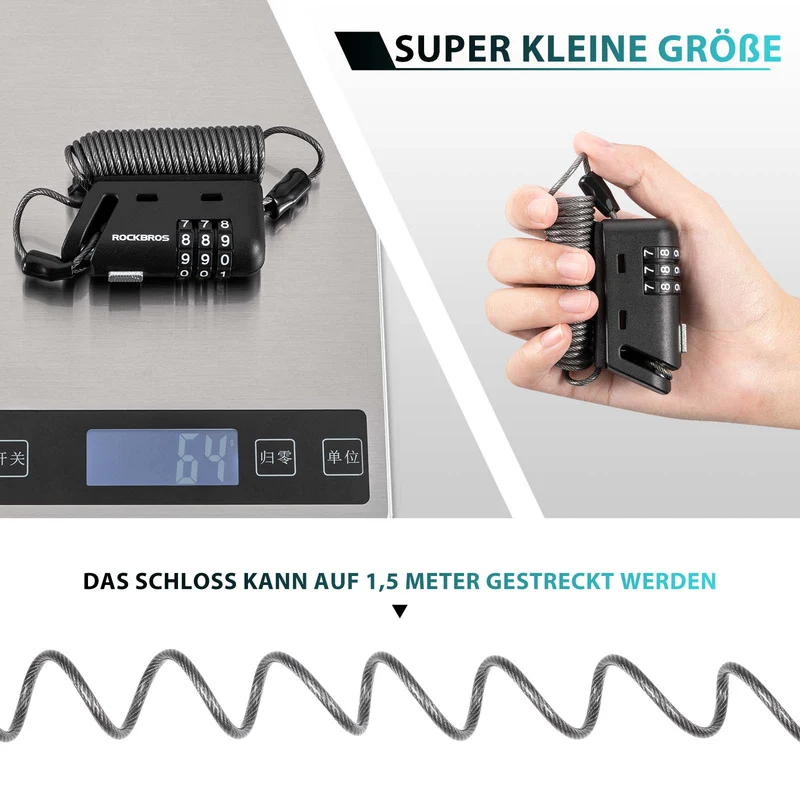 ROCKBROS Helm schloss 150 cm Zahlenschloss 3-stellig Zahlencode