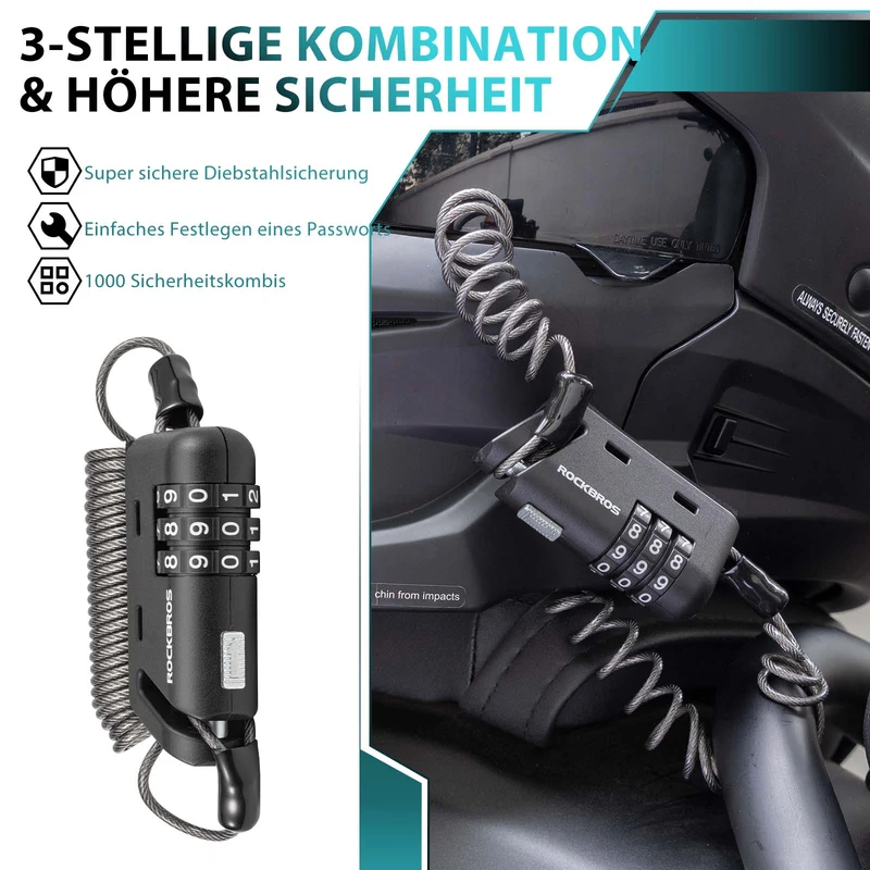 ROCKBROS Helm schloss 150 cm Zahlenschloss 3-stellig Zahlencode