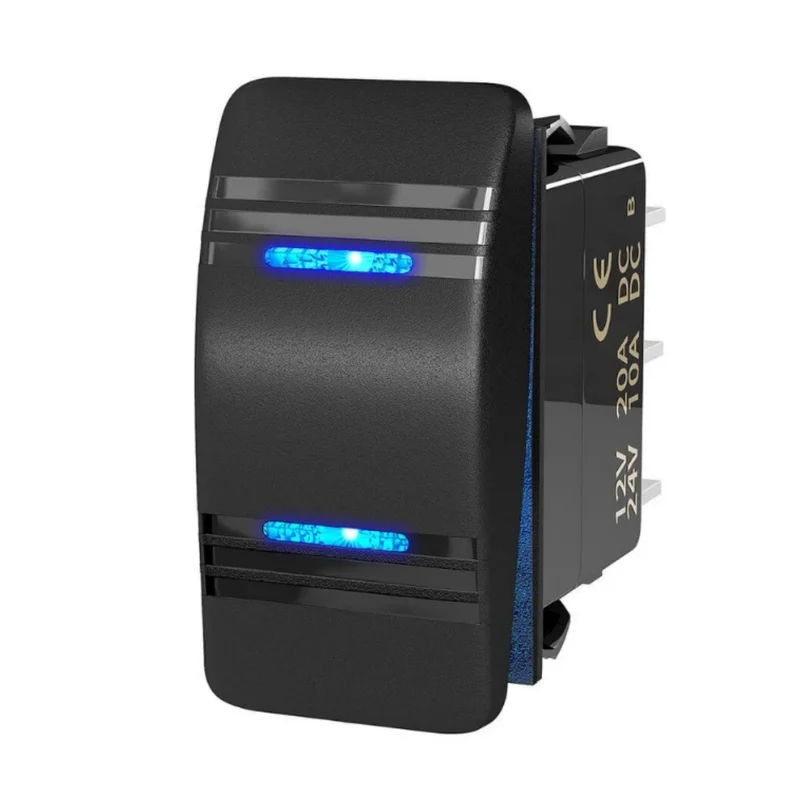 Rechteckiger Wippschalter mit blauen LEDs / EIN-AUS-EIN / DPDT
