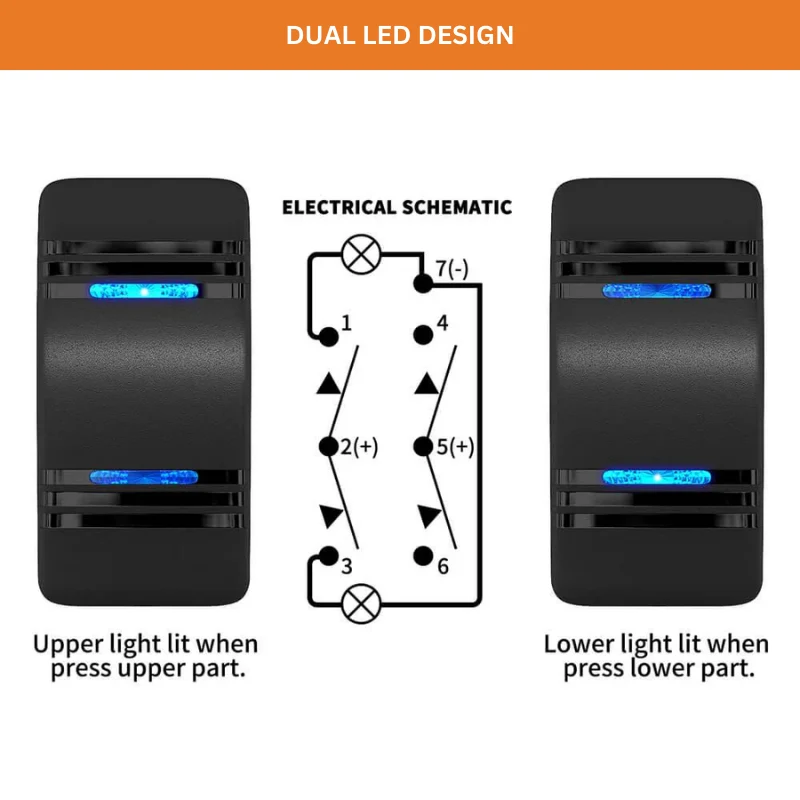 Rechteckiger Wippschalter mit blauen LEDs / EIN-AUS-EIN / DPDT