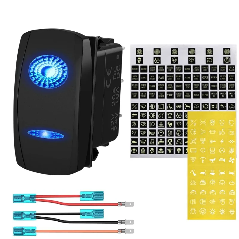 Rechteckiger Wippschalter mit blauen LEDs und Aufklebersymbolen