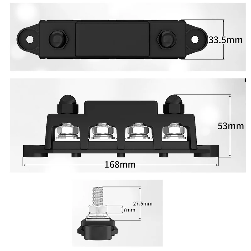 250-A-Sammelschiene mit 4 x M10-Bolzen und 3 x Schraubklemmen