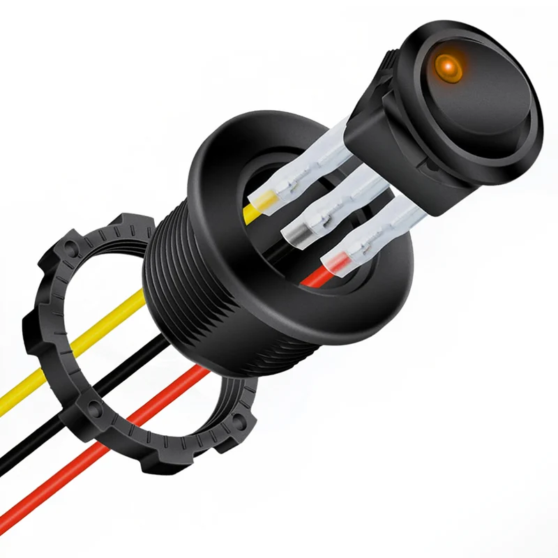 Runder LED-Wippschalter mit Kabeln und Gehäuse