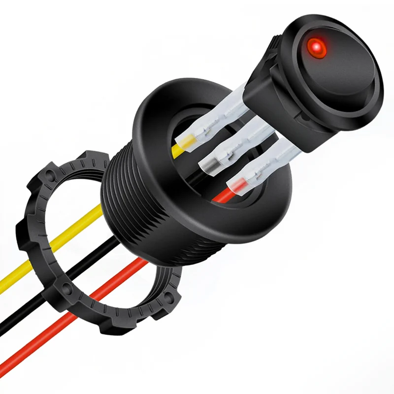Runder LED-Wippschalter mit Kabeln und Gehäuse
