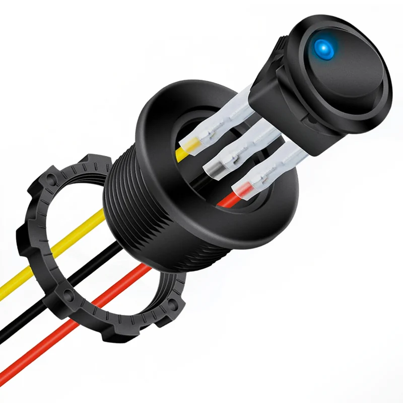Runder LED-Wippschalter mit Kabeln und Gehäuse