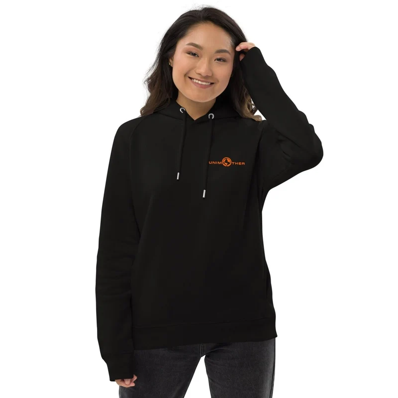 Schwaarz Unimother 85% Bio Koteng 15% recycléiertem Polyester Unisex Pullover Hoodie