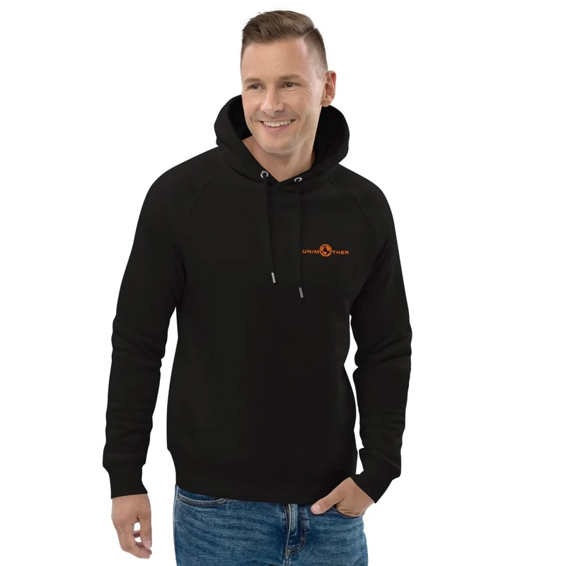 Schwaarz Unimother 85% Bio Koteng 15% recycléiertem Polyester Unisex Pullover Hoodie