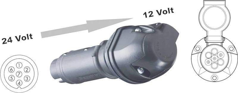 Spannungsreduzierer 24 V auf 12 V (Wandelt eine 24-V-7-polige Steckdose in eine 12-V-7-polige Steckdose um)